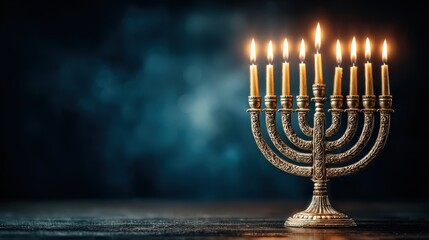 Fototapeta premium Gold menorah with lit candles on white surface against blue background, creating a festive Hanukkah atmosphere