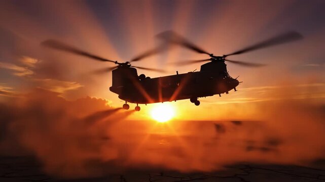 Silhouette of a heavylift tandem rotor military helicopter taking off or landing in a desert at dramatic sunset with sun flare and dust cloud