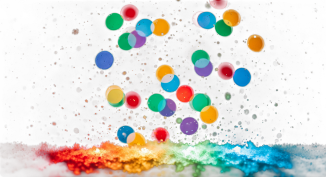 Colorful abstract illustration of floating circles in vibrant hues, creating a dynamic visual effect against a soft gradient background with copy space for design PNG format - Powered by Adobe