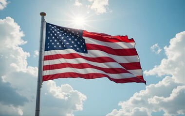 Obraz premium United States flag waving on flagpole against blue sky with clouds in daylight