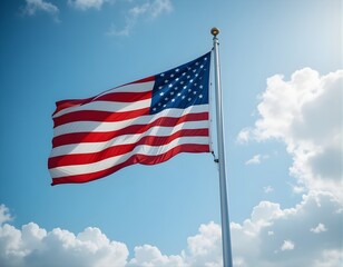Obraz premium United States flag waving on flagpole against blue sky with clouds in daylight