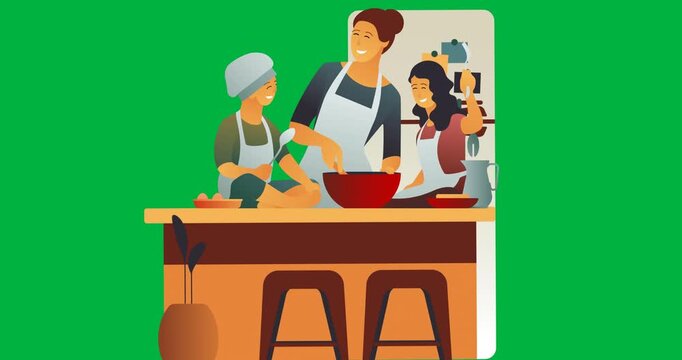 Digital animation of family cooking in the kitchen at home icon against black background