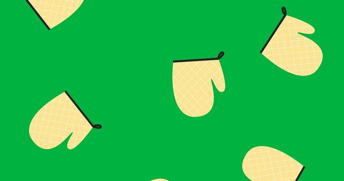 Digital animation of multiple baking gloves icons falling against black background