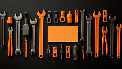 Assorted tools arranged in a symmetrical pattern on a dark background