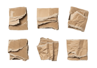 Light brown corrugated cardboard pieces, torn, ripped, crumpled, distressed textures, fluted edges, on transparent with copy space, top-down view, no shadows, concept of distressed packaging