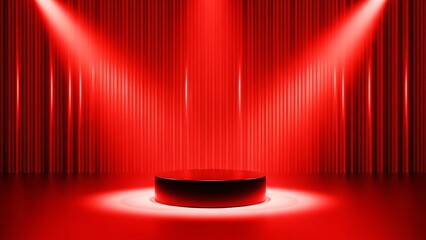 Round red spotlighted podium on reflective floor against vibrant red striped wall creating dramatic stage for product display