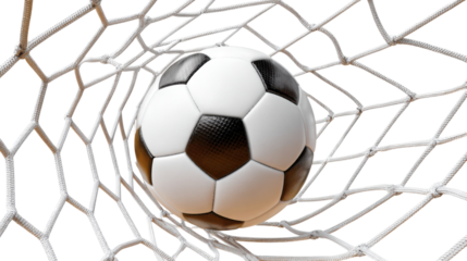 Soccer ball hitting goal net representing success victory competition football sport scoring moment achievement isolated on white background