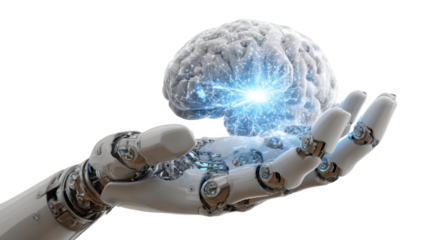 Artificial intelligence robotic hand holding digital human brain symbolizing AI technology machine learning innovation future science automation isolated on white background