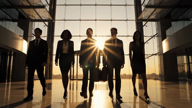 Silhouette of a diverse business team walking confidently towards the camera in a modern glass office building lobby at sunset