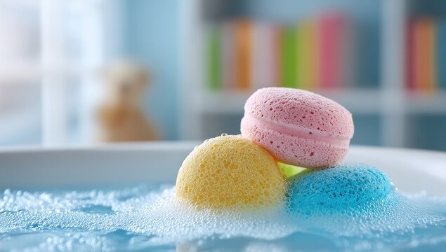 Colorful sponges in soapy water