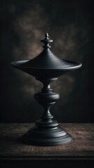 Fototapeta premium A dark, ornate spinning top resting on a wooden table with dramatic lighting. Concept Dark ornate spinning top, Dramatic lighting, Wooden table, Still life, Close-up