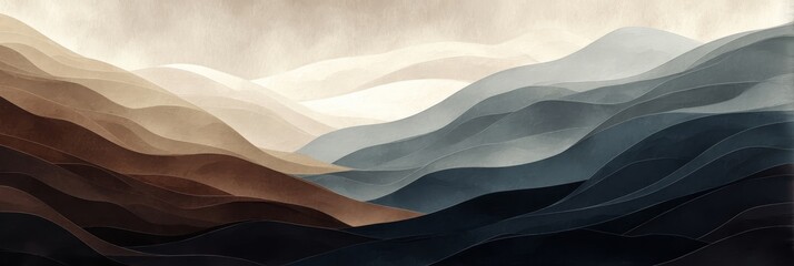Obraz premium An abstract depiction of multi-colored hills with layered textures, blending earthy tones of brown, beige, and blue. Serene and artistic composition.