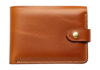 Classic Brown Leather Wallet with a Snap Button Closure Isolated on Transparent PNG Background.