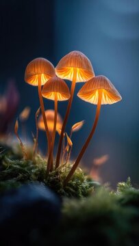 Cluster of tiny orange mushrooms with glowing translucent caps rising from moss on a forest floor. Concept Bioluminescent mushrooms, Orange fungi cluster, Mossy forest floor