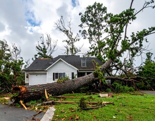 A home damaged by a fallen tree after a severe storm