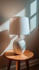 White ceramic table lamp with a fabric shade sits on a round wooden side table, bathed in warm sunlight and shadows on the wall. Concept Indoor Lighting, Warm Sunlight, Ceramic Lamp