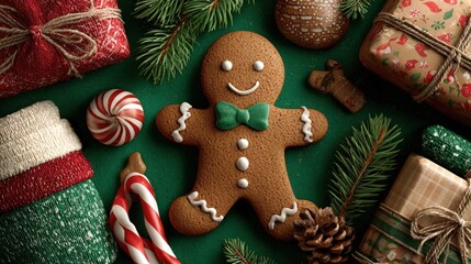 Vibrant Christmas scene with wrapped presents, gingerbread man, pine branches, and candy canes on green background