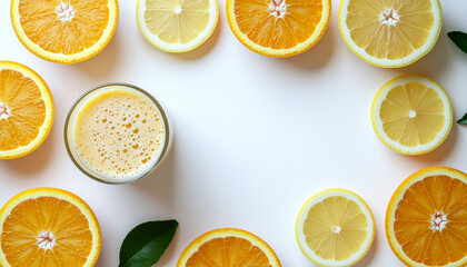 Obraz premium Top view flat lay of citrus smoothie with orange and lemon slices, clean white background, clinical hydration and nutrition concept, minimal hospital style, soft natural light, no people, no text