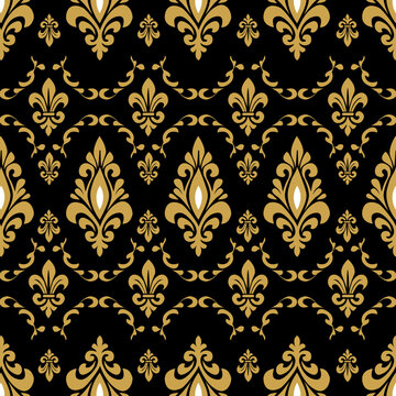 Luxury seamless gold ornament pattern combining classic fleur-de-lis and Thai decorative motifs on a black background, suitable for luxury branding, wedding design, wallpaper, textile, and premium bac