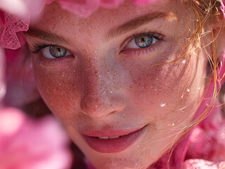 woman wearing a flowing, floral-patterned pink dress, standing against a blue sky with the sun shining brightly in the background.