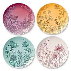 Collection of four round plates featuring elegant line art floral illustrations