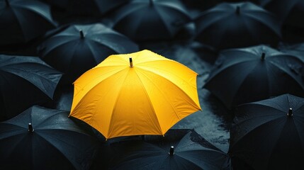 Yellow umbrella amidst dark umbrellas