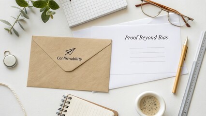 Working Desk with Envelope, Notepad, Glasses, and Papers for Collaborative Projects and Proof Beyond Bias Concept