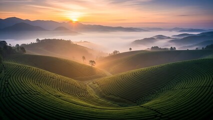 Sunrise over rolling green hills landscape.