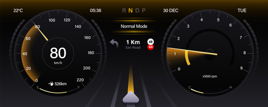 Auto dashboard with gauge of speed, tachometer, odometer. Digital dashboard interface showing speed navigation and engine data ui