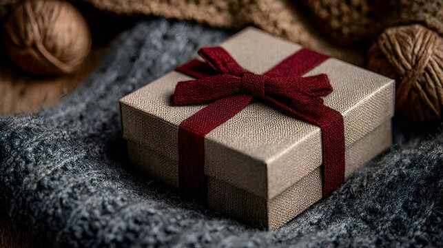 Gift box with a red ribbon resting on a gray knitted blanket surrounded by balls of yarn creating a cozy and homemade aesthetic feeling. - Powered by Adobe