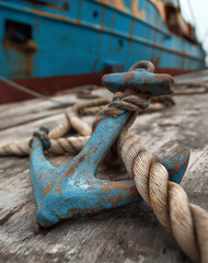 AI generator images of  An anchor resting on the rocks near the shore. rusty anchor in the image is a symbol representing maritime history, strength, and stability.
