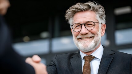 A smiling mature businessman with eyeglasses in a suit offers a handshake du a meeting or agreement outside his office building today.