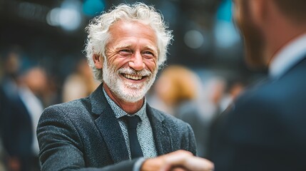Mature businessman with grey hair happily shakes hands with a colleague at a corporate event, foste connection and professional success.