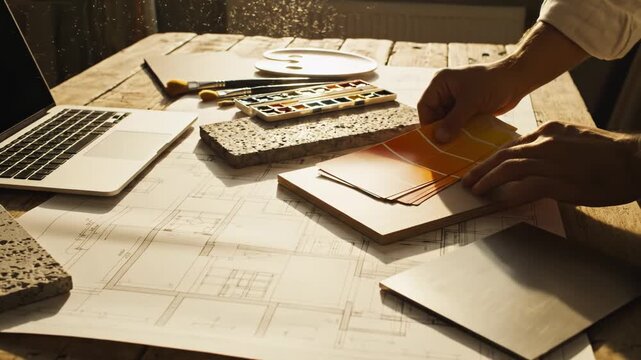 Interior designer or architect selecting color palette and material samples over blueprint with laptop on rustic wooden table