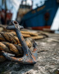 AI generator images of  An anchor resting on the rocks near the shore. rusty anchor in the image is a symbol representing maritime history, strength, and stability.