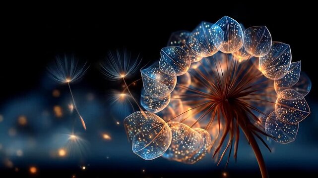 Illuminated dandelion seed head with glowing details against a dark background