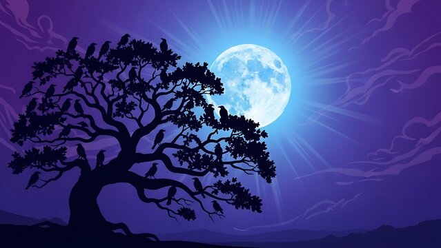 Tree silhouette under full moon light. - Powered by Adobe