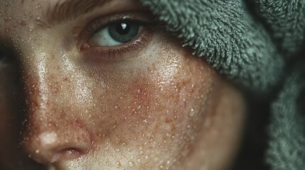 Woman wipes her face with a towel after washing in a bright, clean bathroom
