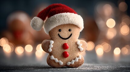 A cute gingerbread man cookie with a smiling face wears a festive Santa hat against a blurred background of bokeh lights for Christmas cheer.