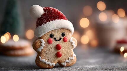 A cute gingerbread man cookie with a Santa hat smiles cheerfully against a softly blurred backdrop of holiday lights and festive treats around him.