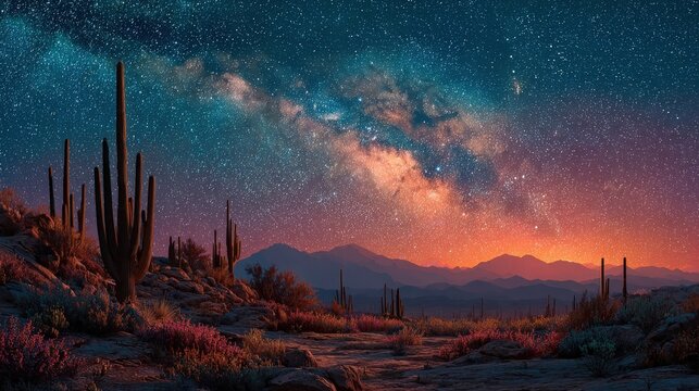 Desert landscape features silhouette of cactus under a starlit Milky Way and mountains at night in a high quality scenic view