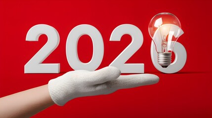 A hand in a white glove presents a glowing lightbulb forming part of the 2026 number against a bright red studio background signifying innovation.