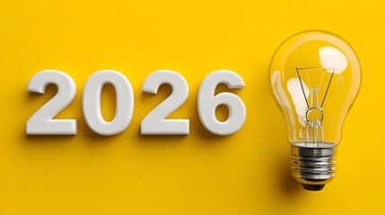 The year 2026 is represented with white numbers next to a lit lightbulb on a solid bright yellow background showing future innovation.