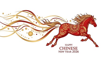 Happy Chinese New Year 2026 Red Horse with Golden Ornaments.