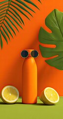 Vibrant orange drink bottle with sunglasses and tropical leaves