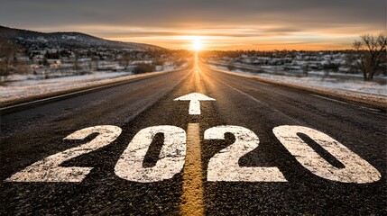 The year 2020 is painted on a road that leads to the sun setting over distant mountains suggesting new beginnings and forward progress.
