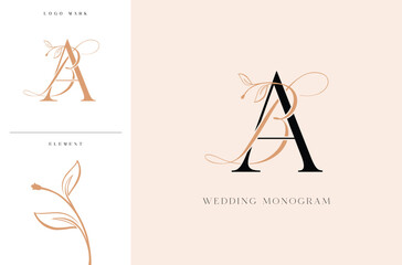 Elegant AB wedding monogram logo with botanical accents