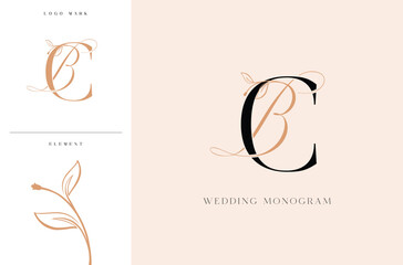 Elegant BC wedding monogram logo with botanical accents