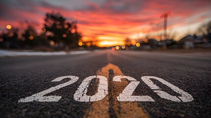 The year 2020 painted on a road leading into a beautiful sunset, symbolizing looking toward the future and new beginnings forward ahead.
