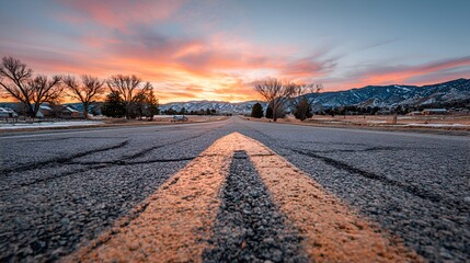 A cracked asphalt road stretches towards distant mountains du a colorful sunset with vibrant orange and blue skies overhead in rural setting.
